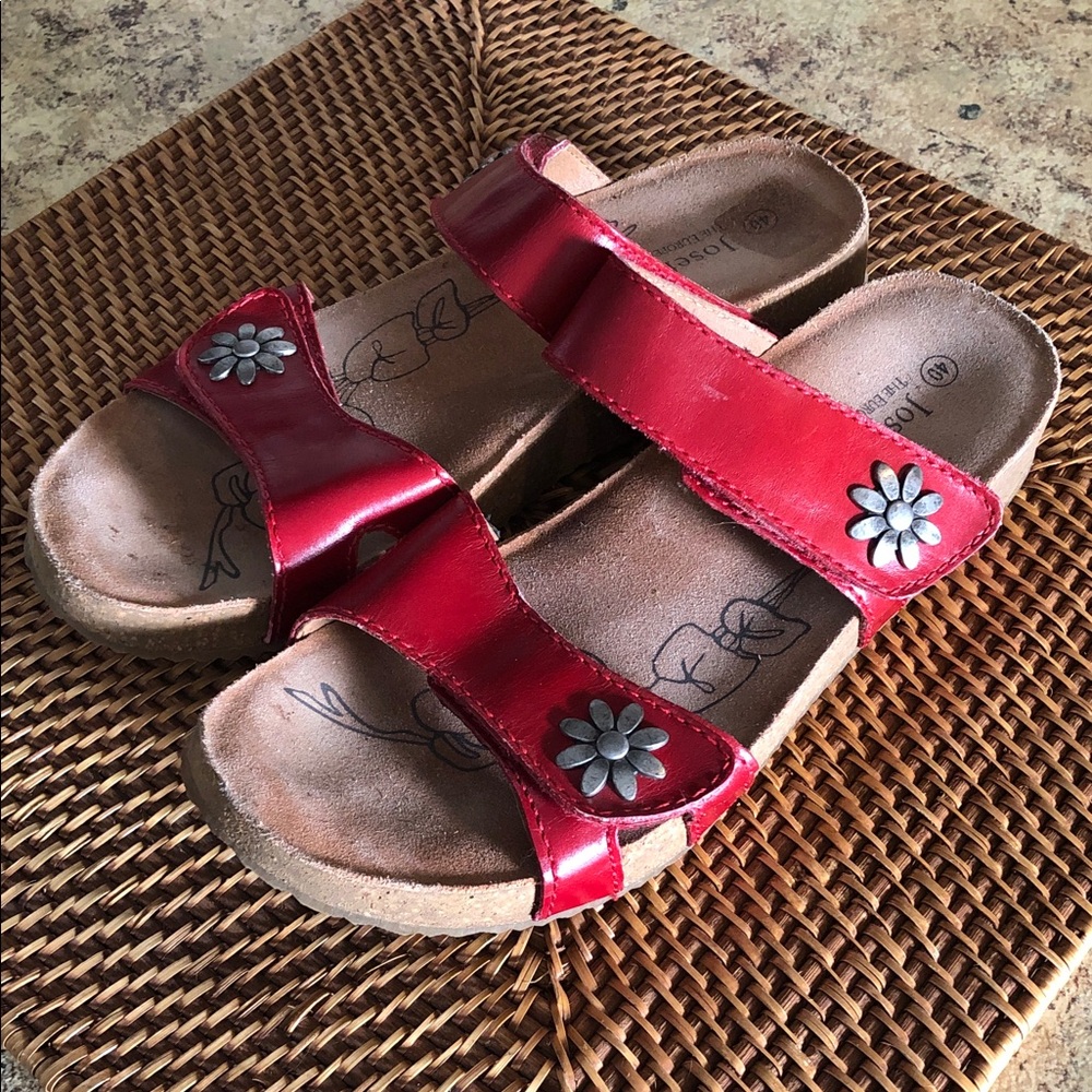 Josef Seibel Red Leather Slide Sandals with Flower Studs